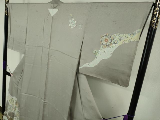 平和屋着物●極上　訪問着　駒刺繍　花唐草文　利休白茶色地　金彩　逸品　未使用　DZAB7746kh6