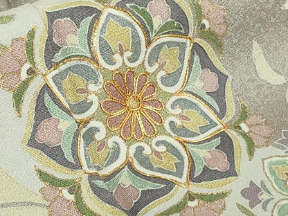 平和屋着物●極上　訪問着　駒刺繍　花唐草文　利休白茶色地　金彩　逸品　未使用　DZAB7746kh6