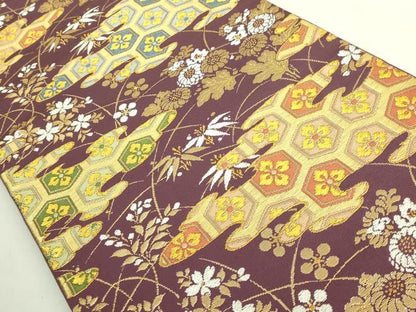 平和屋本店●極上　龍村美術織物　たつむら　六通柄　本袋帯　花菱草花文　暗紅色地　金銀糸　逸品　DZAB7755kh6