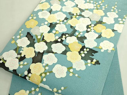 平和屋本店●極上　九寸開き名古屋帯　枝梅　浅縹色地　鬼しぼ縮緬　逸品　DZAB7768kh6