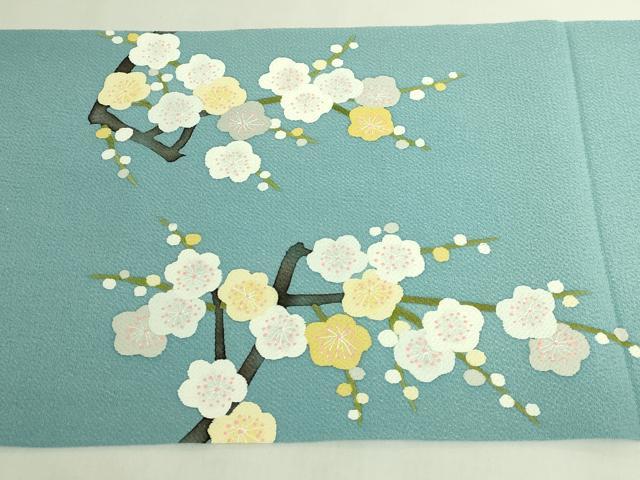 平和屋本店●極上　九寸開き名古屋帯　枝梅　浅縹色地　鬼しぼ縮緬　逸品　DZAB7768kh6
