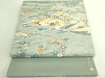 平和屋本店●極上　東京友禅　熊谷好博子　太鼓柄袋帯　刺繍　風景花鳥文　金通し地　逸品　DZAB7774kh6