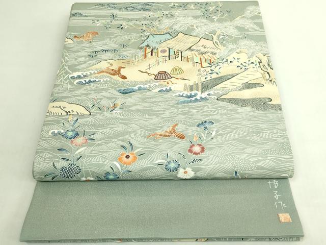 平和屋本店●極上　東京友禅　熊谷好博子　太鼓柄袋帯　刺繍　風景花鳥文　金通し地　逸品　DZAB7774kh6