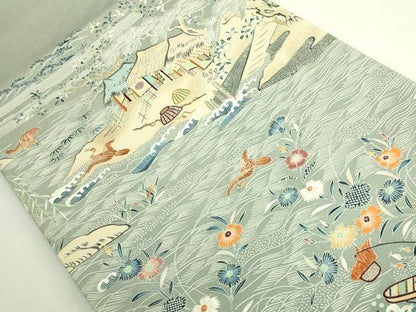 平和屋本店●極上　東京友禅　熊谷好博子　太鼓柄袋帯　刺繍　風景花鳥文　金通し地　逸品　DZAB7774kh6