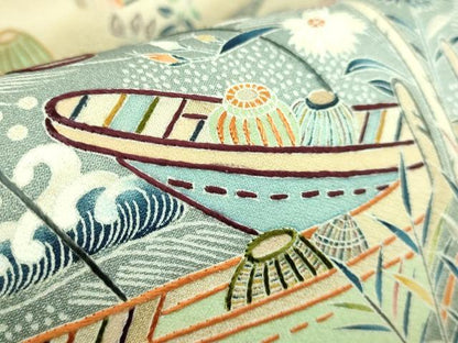 平和屋本店●極上　東京友禅　熊谷好博子　太鼓柄袋帯　刺繍　風景花鳥文　金通し地　逸品　DZAB7774kh6