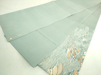 平和屋本店●極上　東京友禅　熊谷好博子　太鼓柄袋帯　刺繍　風景花鳥文　金通し地　逸品　DZAB7774kh6