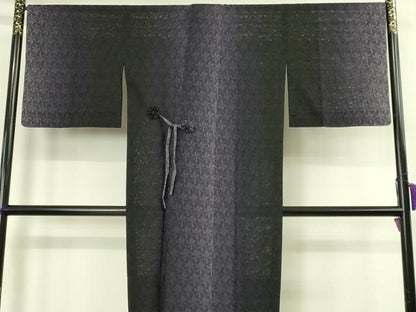 平和屋本店∞極上　道中着　スリーシーズン　春夏秋　塵除け　ロング丈　うす絹お召　紗々　麻の葉 暈し染め 黒地 証紙付 逸品 DZAB7784kh6