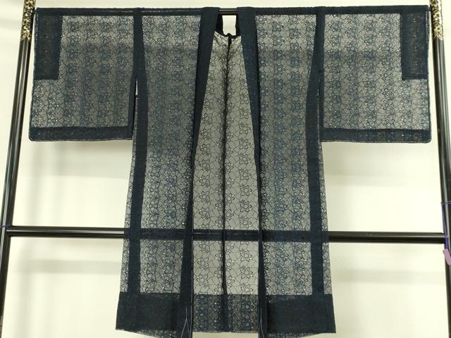 平和屋本店∞極上 長羽織 スリーシーズン 春夏秋 塵除け シルクオーガンジー 刺繍 レース 天然藍染 証紙付き 未使用 逸品 DZAB7787kh6