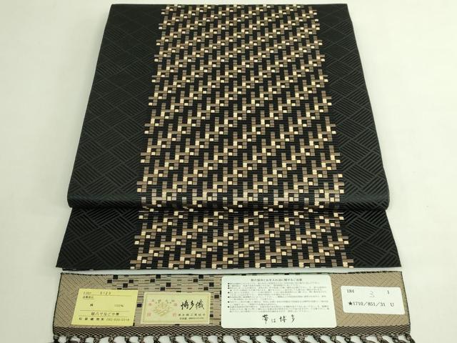 平和屋着物●極上　本場筑前博多織　八寸名古屋帯　間道　松装織物　黒地　博多金ラベル　証紙付き　逸品　DZAB7832kh6