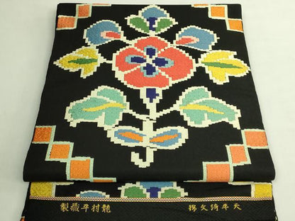 平和屋本店●最高級　龍村平蔵製　太鼓柄　本袋帯　唐織　天平綺文錦　黒地　逸品　DZAB7835kh6