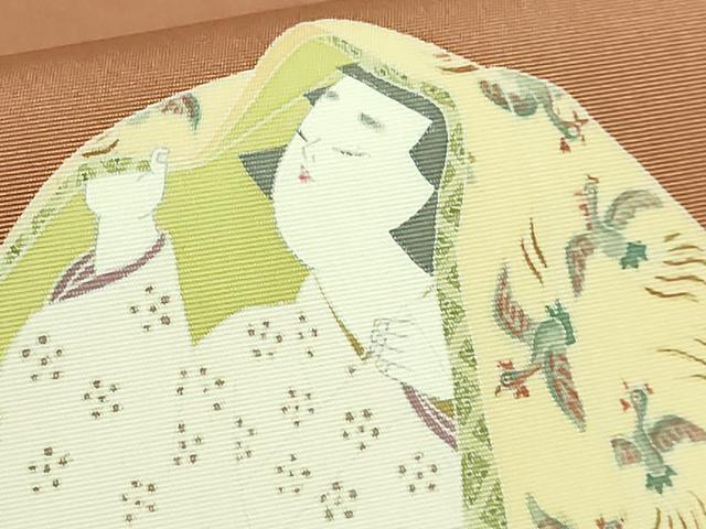 平和屋本店●極上　加賀友禅の巨匠　初代　由水十久　塩瀬　九寸名古屋帯　かつぎ　梅　薄い遠州茶色地　逸品　DZAB7841kh6