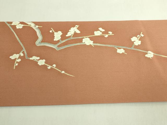 平和屋本店●極上　加賀友禅の巨匠　初代　由水十久　塩瀬　九寸名古屋帯　かつぎ　梅　薄い遠州茶色地　逸品　DZAB7841kh6