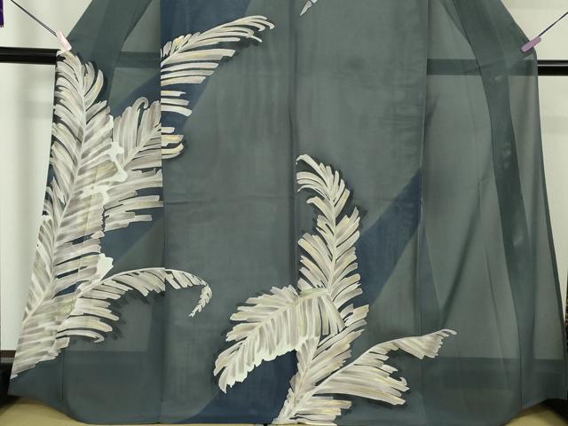 平和屋本店＊希少　夏物　創業460年・千總　訪問着　絽　刺繍　羊歯　鉄御納戸色地　金彩　伊勢丹扱い　逸品　DZAB7857kh6
