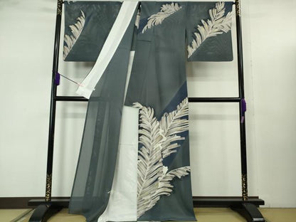 平和屋本店＊希少　夏物　創業460年・千總　訪問着　絽　刺繍　羊歯　鉄御納戸色地　金彩　伊勢丹扱い　逸品　DZAB7857kh6
