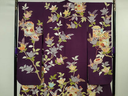 平和屋本店●極上　創業460年・千總　振袖　駒刺繍　貝桶橘花文　桑の実色地　金彩　近鉄百貨店扱い　反端付き　逸品　DZAB7860kh6