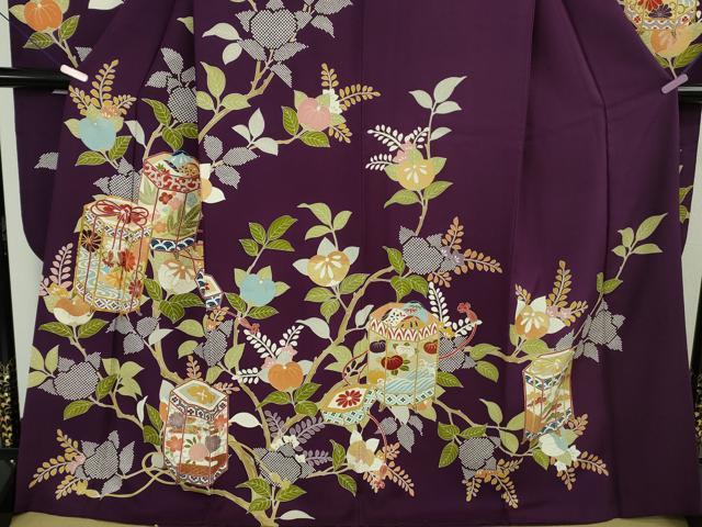 平和屋本店●極上　創業460年・千總　振袖　駒刺繍　貝桶橘花文　桑の実色地　金彩　近鉄百貨店扱い　反端付き　逸品　DZAB7860kh6