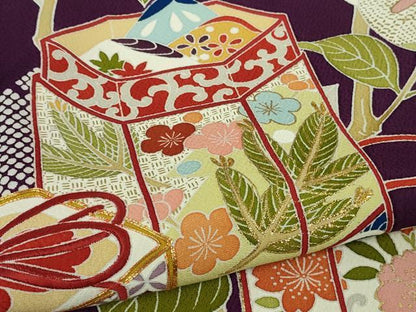平和屋本店●極上　創業460年・千總　振袖　駒刺繍　貝桶橘花文　桑の実色地　金彩　近鉄百貨店扱い　反端付き　逸品　DZAB7860kh6