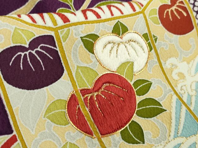 平和屋本店●極上　創業460年・千總　振袖　駒刺繍　貝桶橘花文　桑の実色地　金彩　近鉄百貨店扱い　反端付き　逸品　DZAB7860kh6