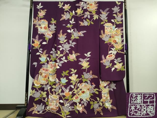 平和屋本店●極上　創業460年・千總　振袖　駒刺繍　貝桶橘花文　桑の実色地　金彩　近鉄百貨店扱い　反端付き　逸品　DZAB7860kh6