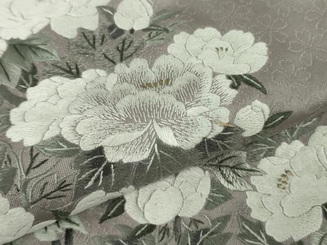 平和屋本店●極上　訪問着　総手刺繍　牡丹鼠色地　暈し染め　金糸　逸品　未使用　DZAB7861kh6