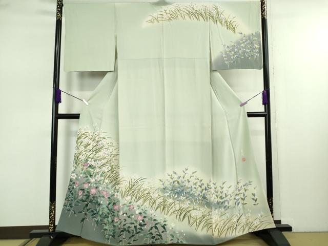 平和屋本店●極上　本加賀友禅作家　浜谷豊右　訪問着　草花文　白緑色地　暈し染め　逸品　DZAB7862kh6