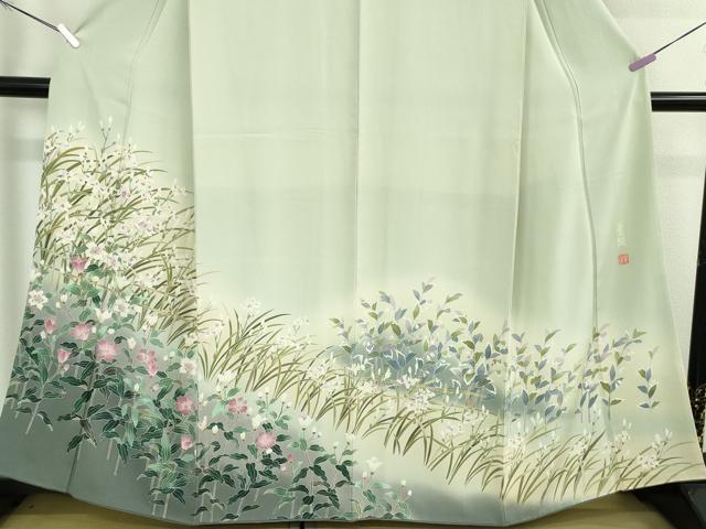 平和屋本店●極上　本加賀友禅作家　浜谷豊右　訪問着　草花文　白緑色地　暈し染め　逸品　DZAB7862kh6