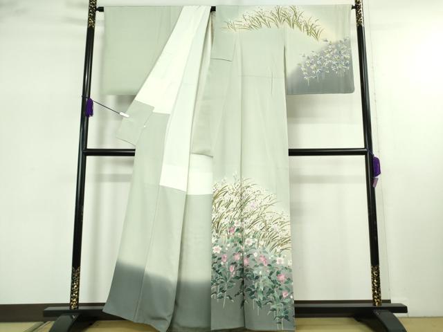 平和屋本店●極上　本加賀友禅作家　浜谷豊右　訪問着　草花文　白緑色地　暈し染め　逸品　DZAB7862kh6