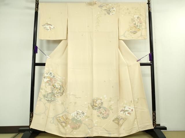 平和屋本店●極上　訪問着　駒刺繍　雪輪吉祥花文　浅黄色地　金彩　逸品　DZAB7863kh6