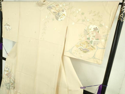 平和屋本店●極上　訪問着　駒刺繍　雪輪吉祥花文　浅黄色地　金彩　逸品　DZAB7863kh6