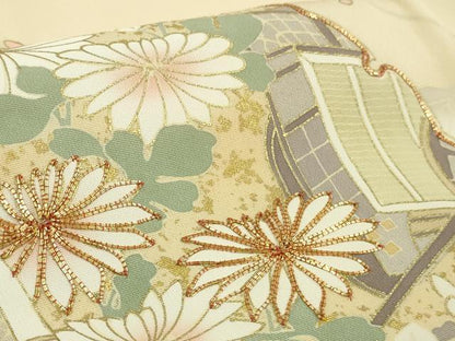 平和屋本店●極上　訪問着　駒刺繍　雪輪吉祥花文　浅黄色地　金彩　逸品　DZAB7863kh6