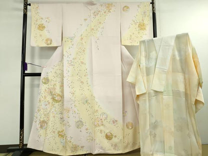 平和屋本店●極上　訪問着・長襦袢(無双仕立て)セット　駒刺繍　枝垂れ花　花丸文　金彩　逸品　未使用　DZAB7870kh6