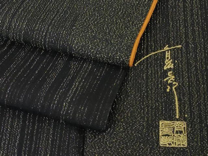 平和屋本店●極上　キモノデザイナー　斉藤上太郎　小紋　お召地　背抜き仕立て　黒地　金糸　金通し地　反端付き　逸品　DZAB7874kh6