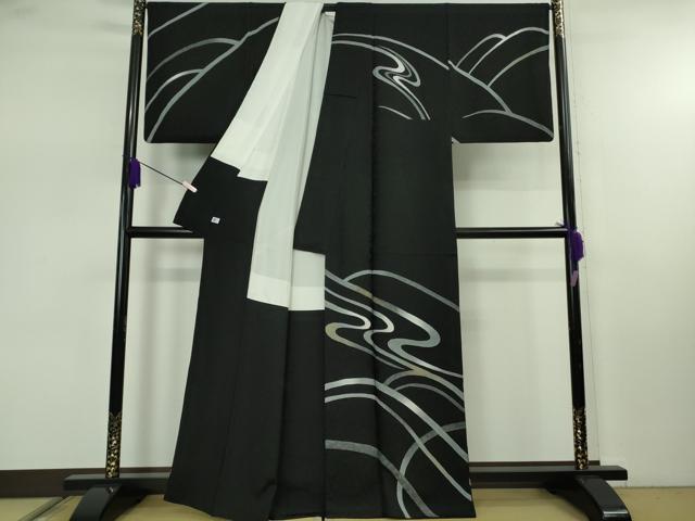 平和屋本店●極上　訪問着　作家物　RYUSEN　流水文　南天唐草地紋　黒地　逸品　DZAB7877kh6