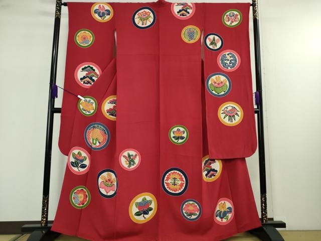 平和屋本店●極上　和染紅型　栗山紅型　栗山吉三郎　振袖　吉祥花丸文　退紅色地　鬼しぼ縮緬　逸品　DZAB7878kh6