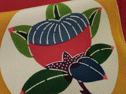 平和屋本店●極上　和染紅型　栗山紅型　栗山吉三郎　振袖　吉祥花丸文　退紅色地　鬼しぼ縮緬　逸品　DZAB7878kh6