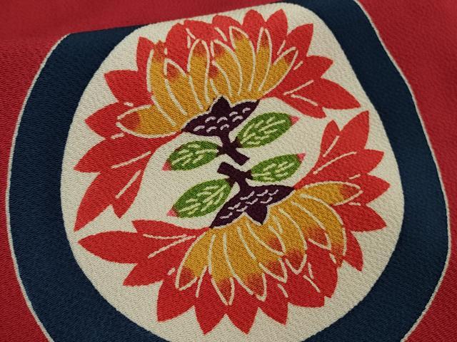 平和屋本店●極上　和染紅型　栗山紅型　栗山吉三郎　振袖　吉祥花丸文　退紅色地　鬼しぼ縮緬　逸品　DZAB7878kh6