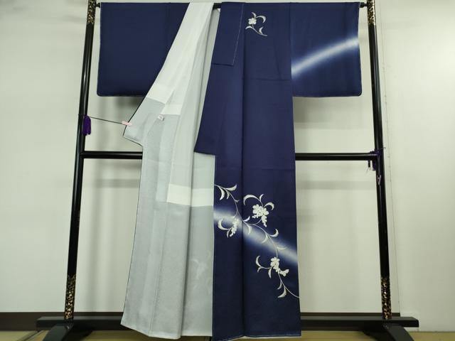 平和屋本店●極上　訪問着　総刺繍　葡萄唐草文　鉄紺色地　暈し染め　銀糸　逸品　未使用　DZAB7880kh6