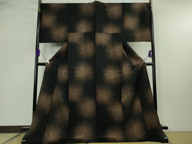 平和屋本店▽極上　小紋　単衣　松葉　黒地　ロング丈　逸品　DZAB7882kh6