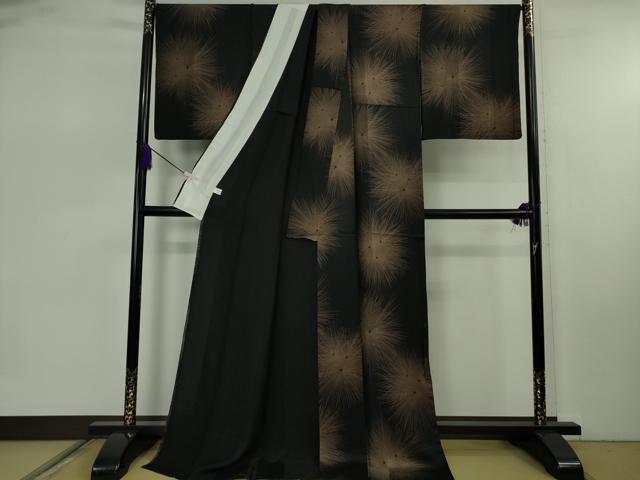 平和屋本店▽極上　小紋　単衣　松葉　黒地　ロング丈　逸品　DZAB7882kh6