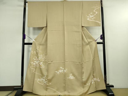 平和屋本店▽極上　訪問着　単衣　駒刺繍　光琳菊　光琳梅　枯色地　金彩　逸品　DZAB7883kh6