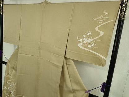平和屋本店▽極上　訪問着　単衣　駒刺繍　光琳菊　光琳梅　枯色地　金彩　逸品　DZAB7883kh6