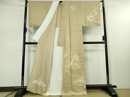 平和屋本店▽極上　訪問着　単衣　駒刺繍　光琳菊　光琳梅　枯色地　金彩　逸品　DZAB7883kh6