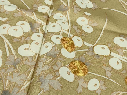 平和屋本店▽極上　訪問着　単衣　駒刺繍　光琳菊　光琳梅　枯色地　金彩　逸品　DZAB7883kh6