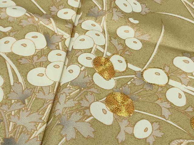 平和屋本店▽極上　訪問着　単衣　駒刺繍　光琳菊　光琳梅　枯色地　金彩　逸品　DZAB7883kh6