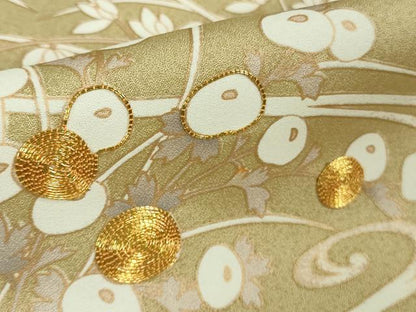 平和屋本店▽極上　訪問着　単衣　駒刺繍　光琳菊　光琳梅　枯色地　金彩　逸品　DZAB7883kh6