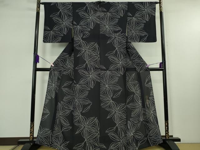 平和屋本店＊極上　夏物 世界的人形師 辻村寿三郎 ジュサブロー 小紋 絽縮緬　舞花文　濃い青褐色地　反端付き　逸品　未使用　DZAB7884kh6