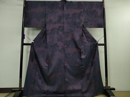 平和屋本店▽極上　お召　単衣　舞葉文　紫鳶色地　京都きもの友禅扱い　逸品　DZAB7889kh6