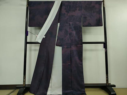 平和屋本店▽極上　お召　単衣　舞葉文　紫鳶色地　京都きもの友禅扱い　逸品　DZAB7889kh6