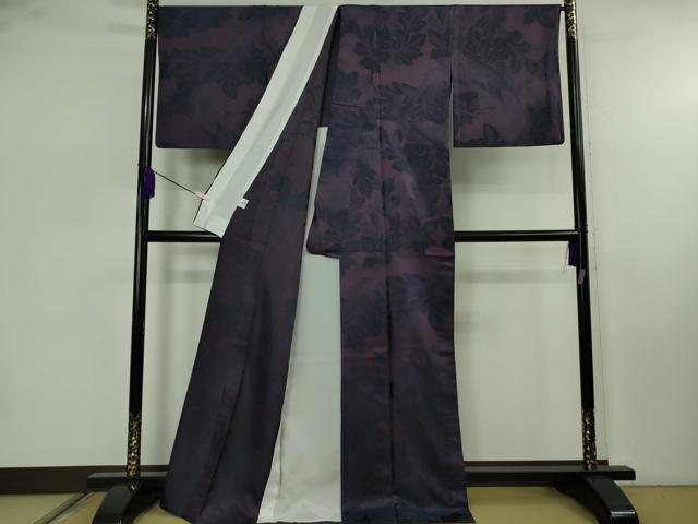 平和屋本店▽極上　お召　単衣　舞葉文　紫鳶色地　京都きもの友禅扱い　逸品　DZAB7889kh6
