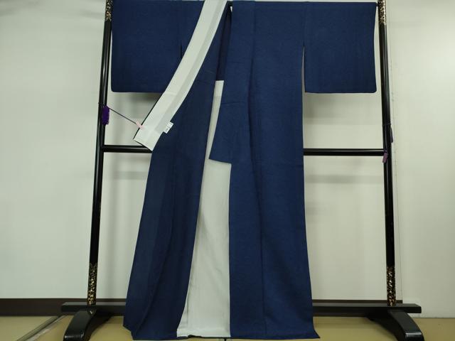 平和屋本店▽極上　国選定　阿波藍　天然灰汁建　BANKANわものや　お召　単衣　花唐草　濃藍色　反端・たとう紙付き　逸品　DZAB7890kh6